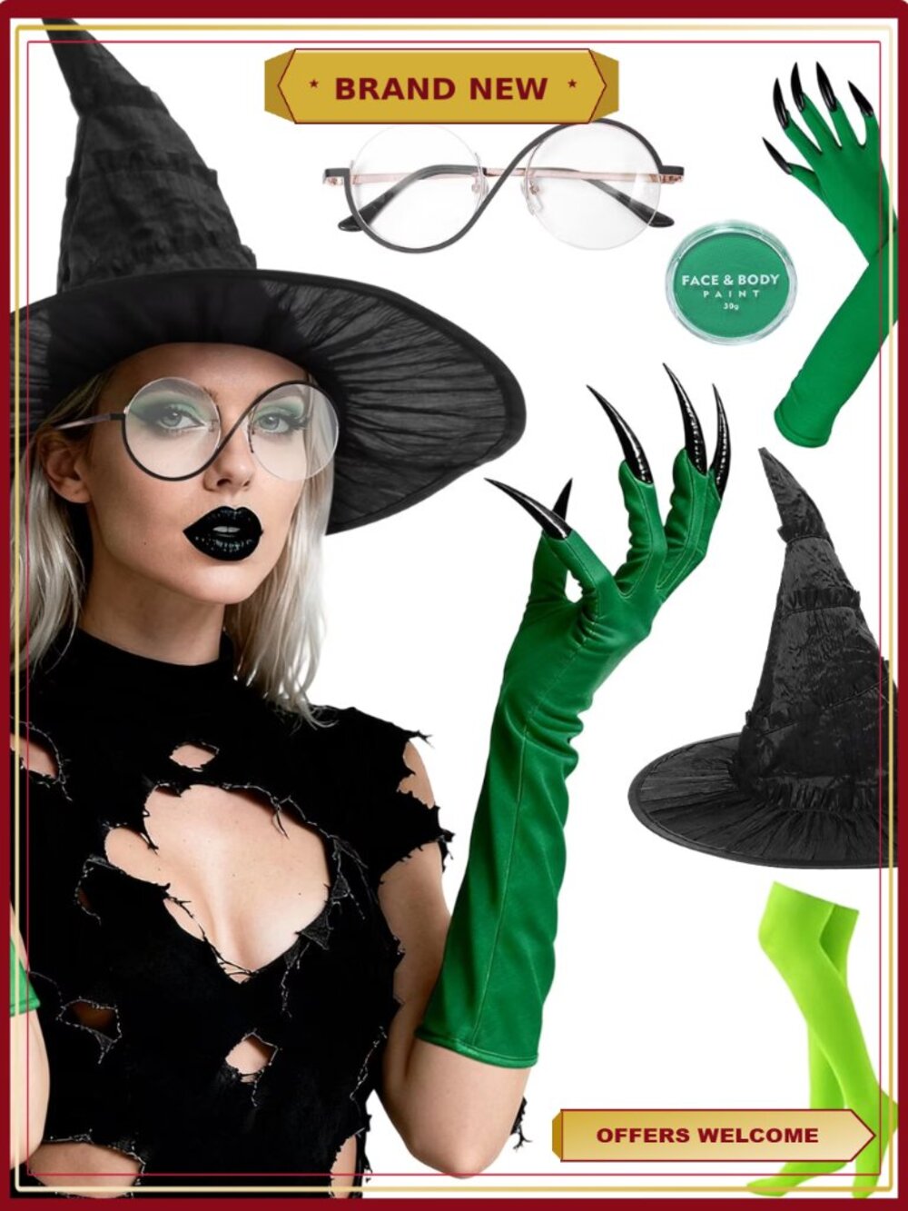 Witch Costume Accessories Set Hat Facepaint Gloves Claws Stockings Glasses